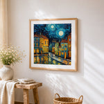 Van gogh style starry night city cross stitch artwork displayed on wall as home decor