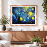 Finished van gogh style starry night cross stitch artwork displayed