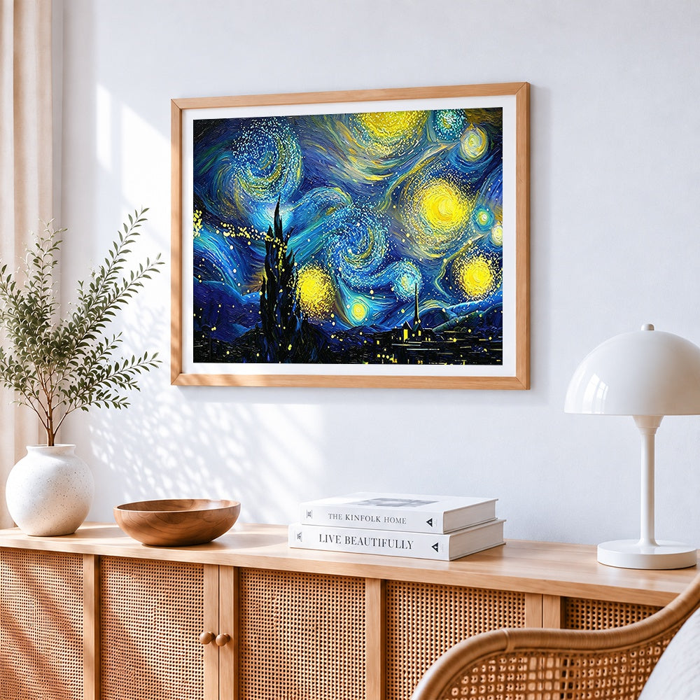 Van gogh style starry night cross stitch artwork displayed on wall as home decor