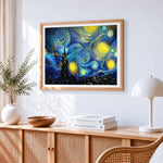 Van gogh style starry night cross stitch artwork displayed on wall as home decor