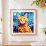 Finished van gogh style starry night ginger cat cross stitch artwork displayed