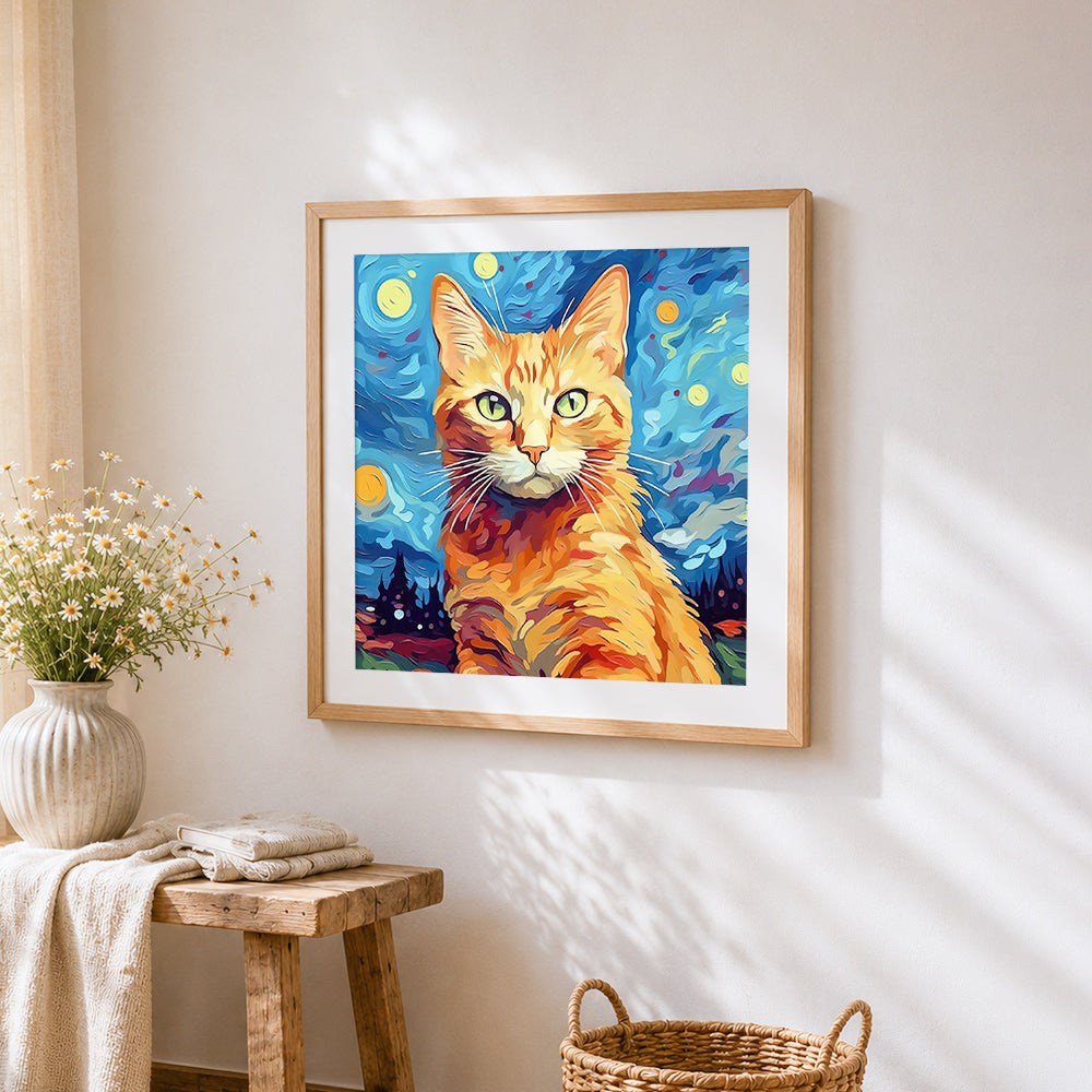 Van gogh style starry night ginger cat cross stitch artwork displayed on wall as home decor