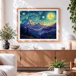 Finished van gogh style starry night mountains cross stitch artwork displayed