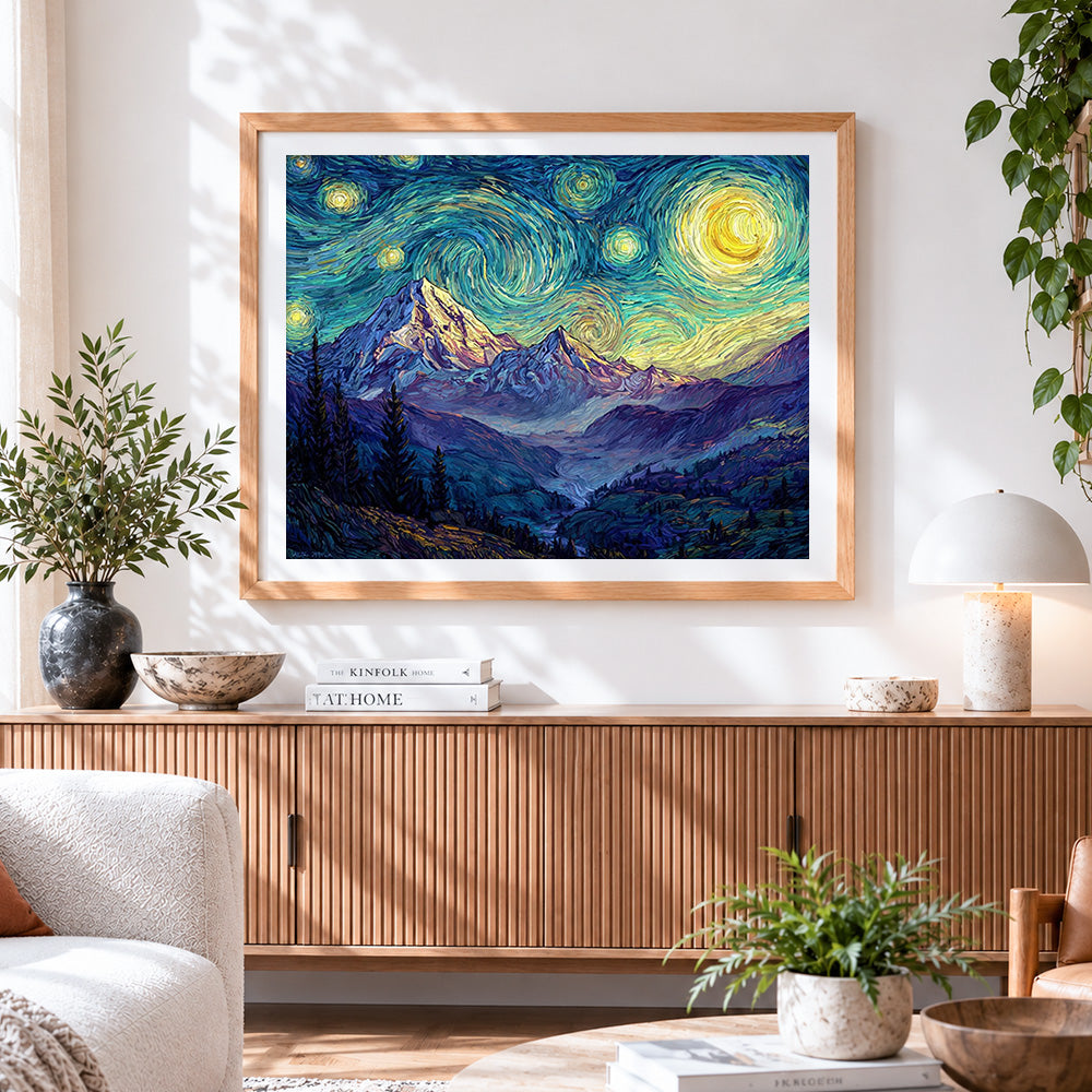 Finished van gogh style starry night mountains cross stitch artwork displayed