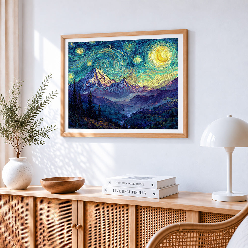 Van gogh style starry night mountains cross stitch artwork displayed on wall as home decor