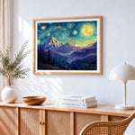 Van gogh style starry night mountains cross stitch artwork displayed on wall as home decor