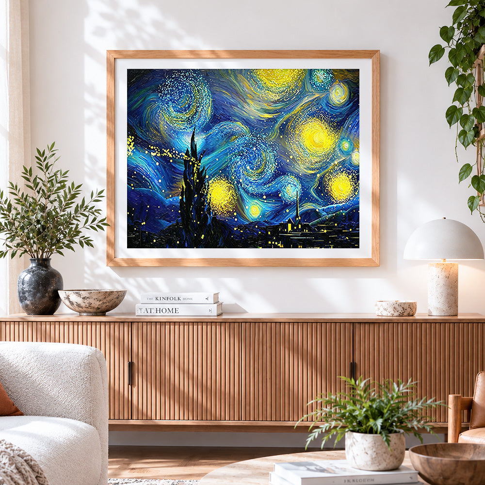 Finished van gogh style starry night paint by numbers artwork displayed as home decor
