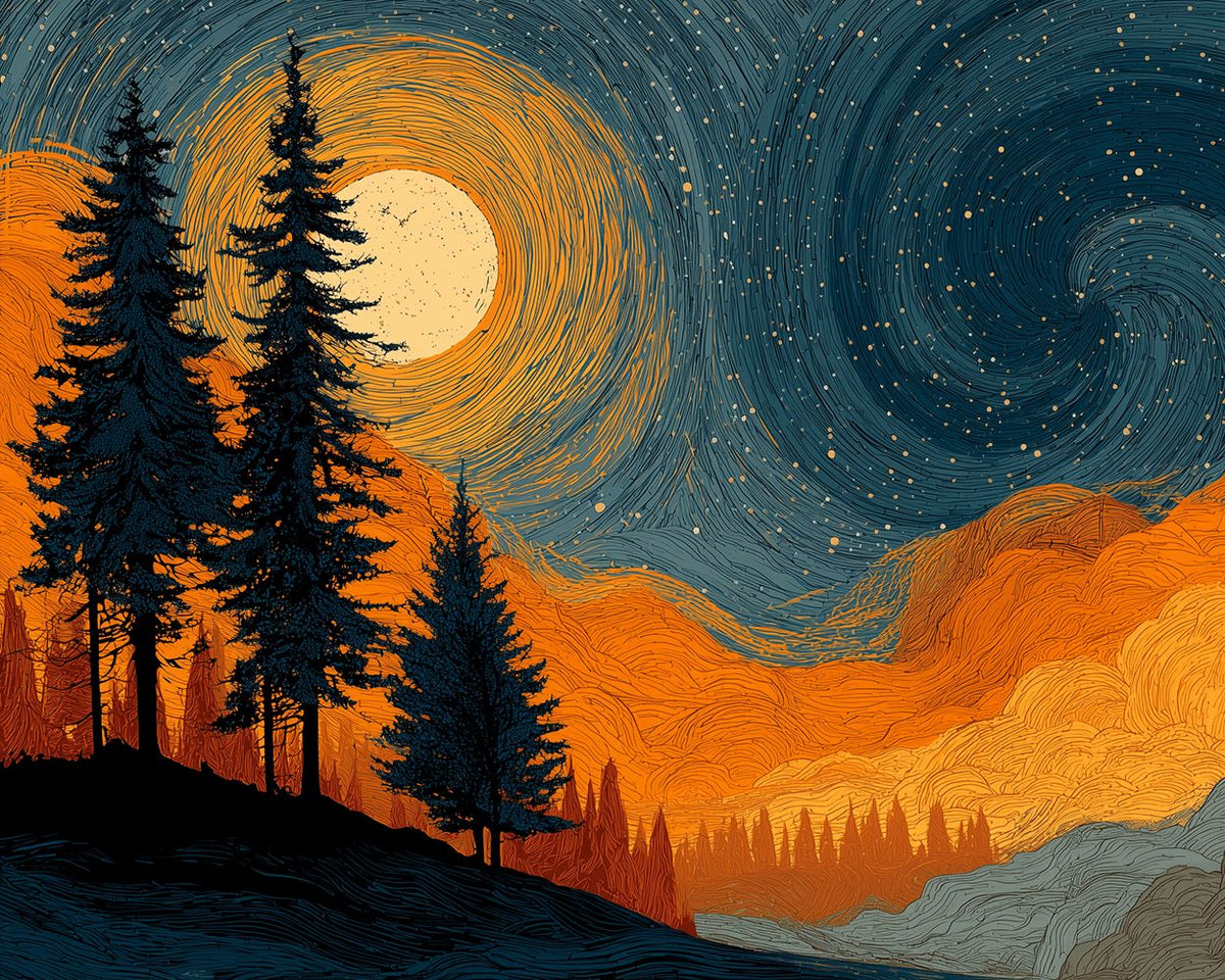 Van gogh style starry night pines cross stitch kit for beginners