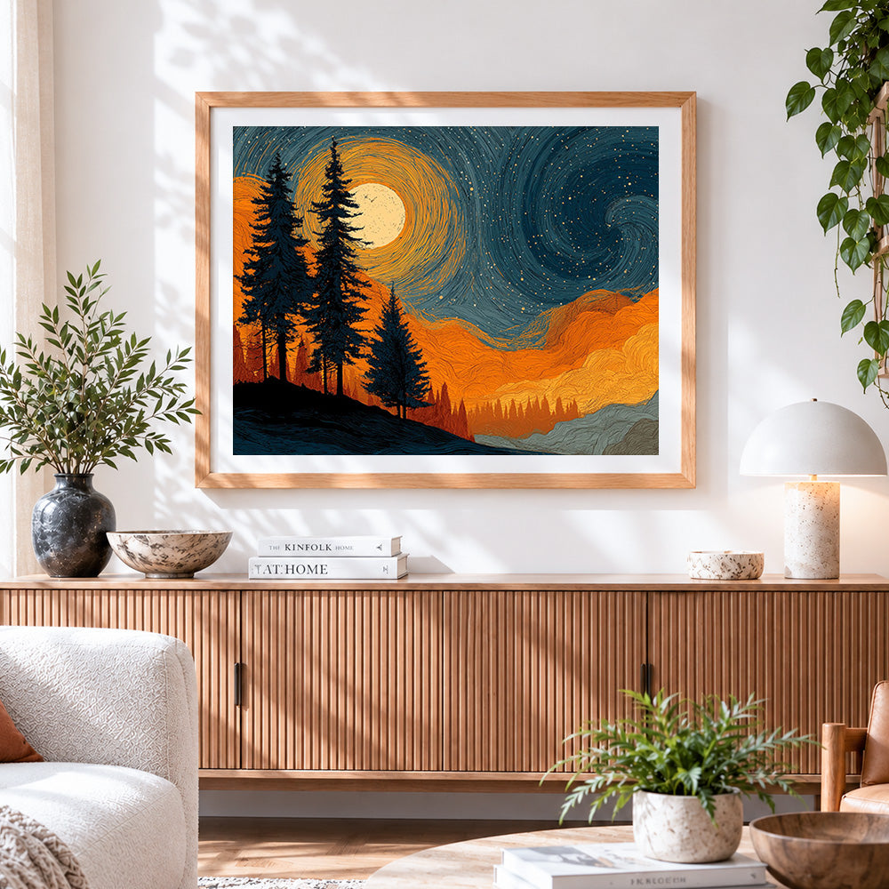 Finished van gogh style starry night pines paint by numbers artwork displayed as home decor