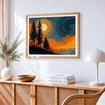 Van gogh style starry night pines paint by numbers artwork displayed on wall as home decor