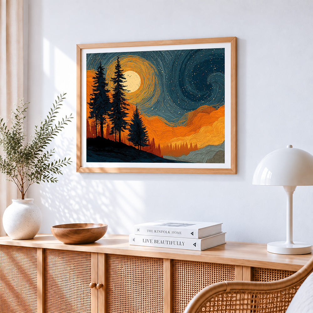 Van gogh style starry night pines paint by numbers artwork displayed on wall as home decor
