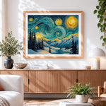 Finished van gogh style starry night snowy mountains cross stitch artwork displayed