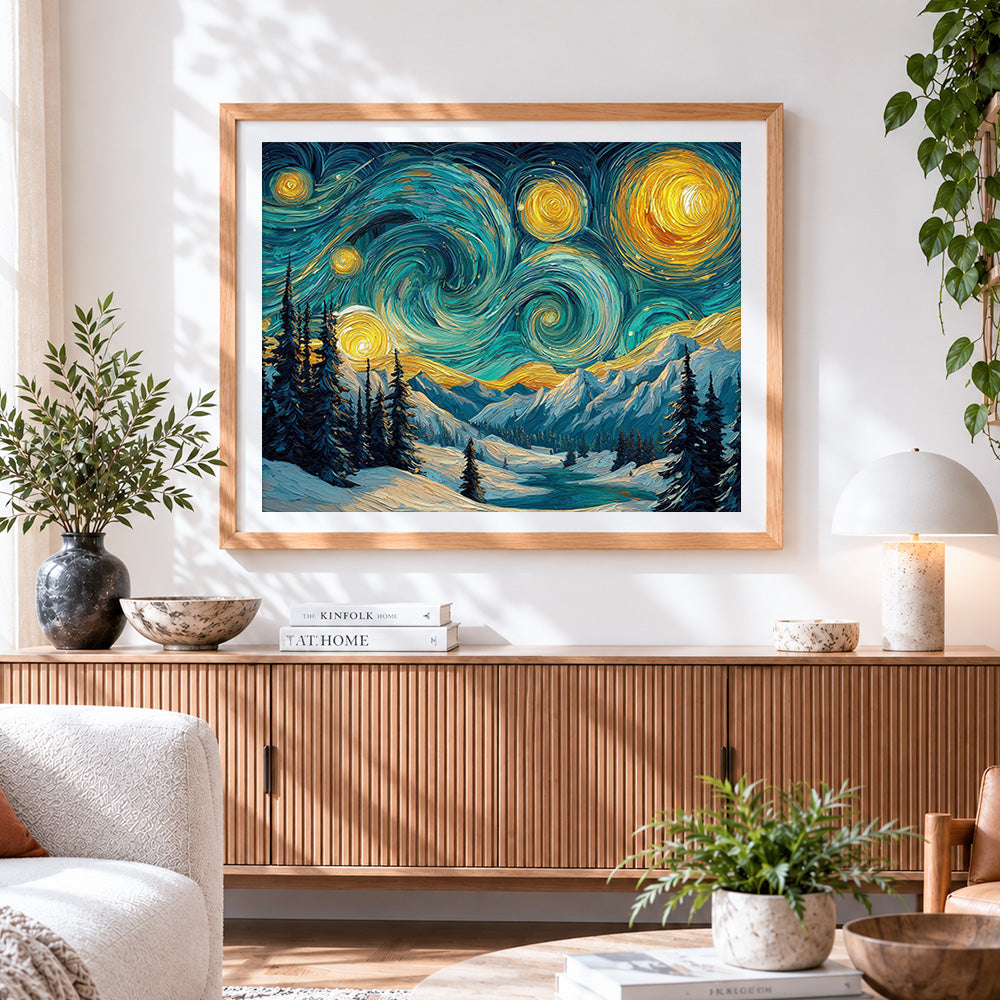 Finished van gogh style starry night snowy mountains cross stitch artwork displayed