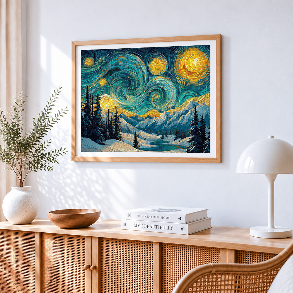 Van gogh style starry night snowy mountains cross stitch artwork displayed on wall as home decor