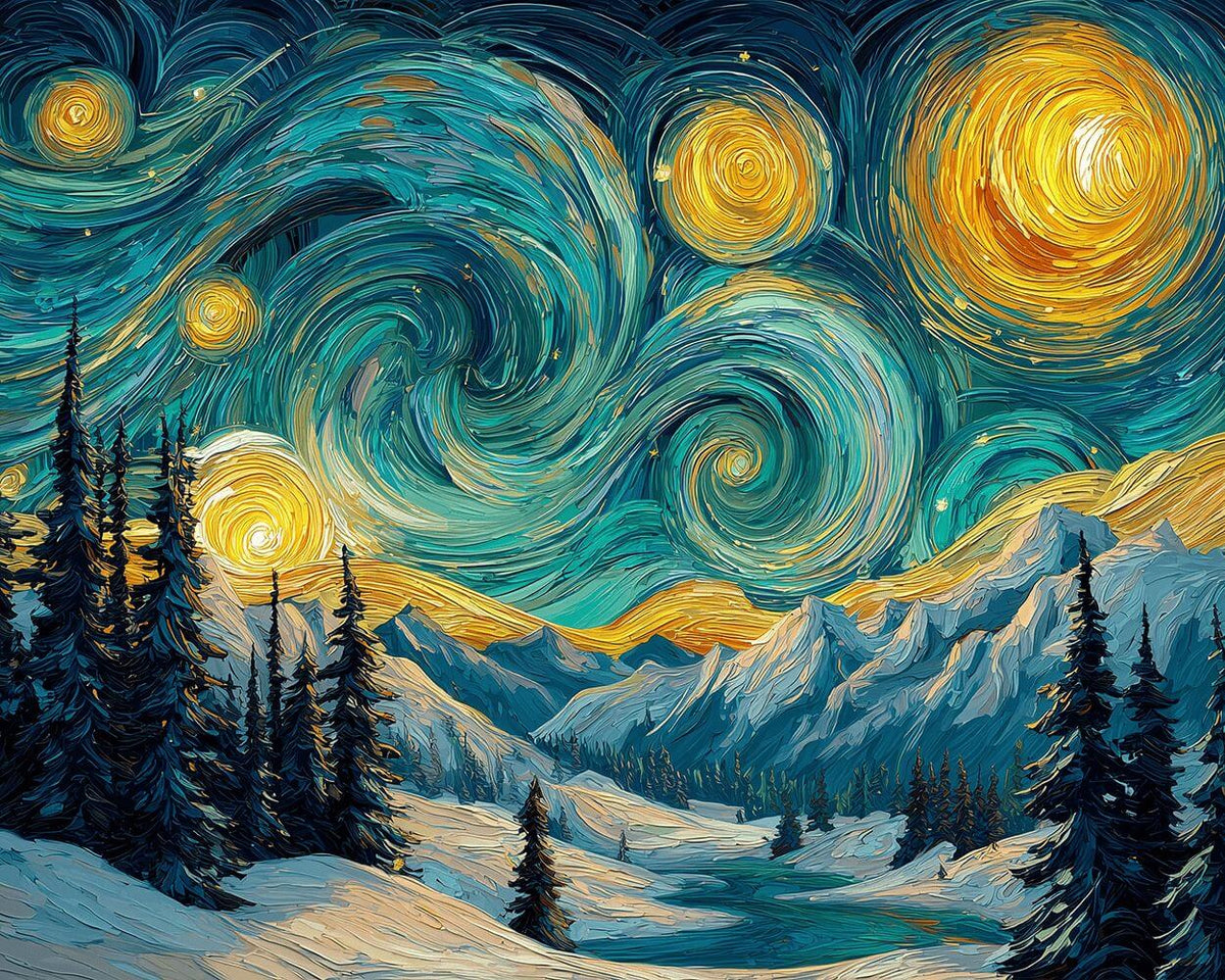 Van gogh style starry night snowy mountains paint by numbers kit for beginners