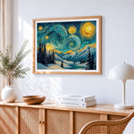 Van gogh style starry night snowy mountains paint by numbers artwork displayed on wall as home decor