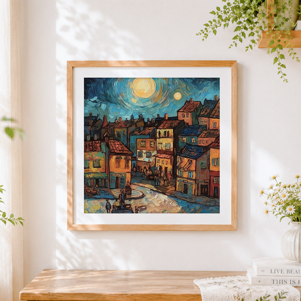 Finished van gogh style starry night village cross stitch artwork displayed