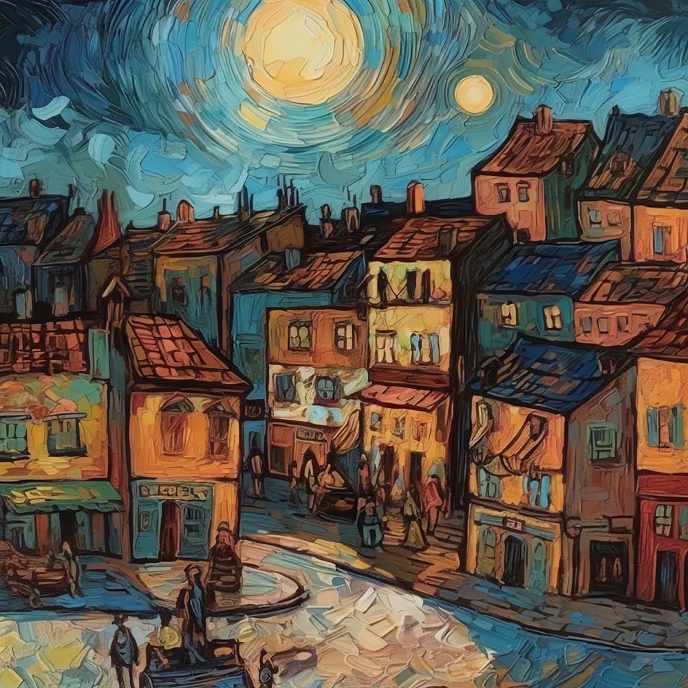 Van gogh style starry night village cross stitch kit for beginners