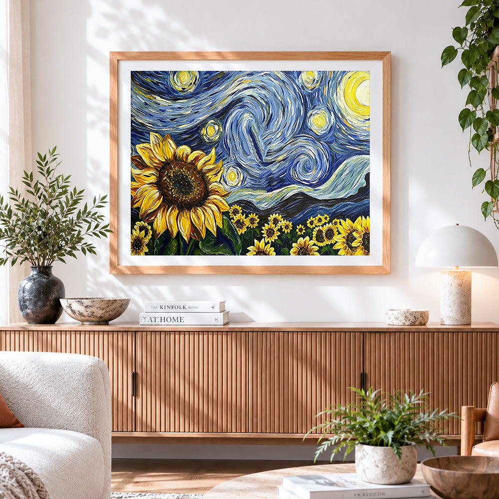 Finished van gogh style sunflowers and starry night cross stitch artwork displayed
