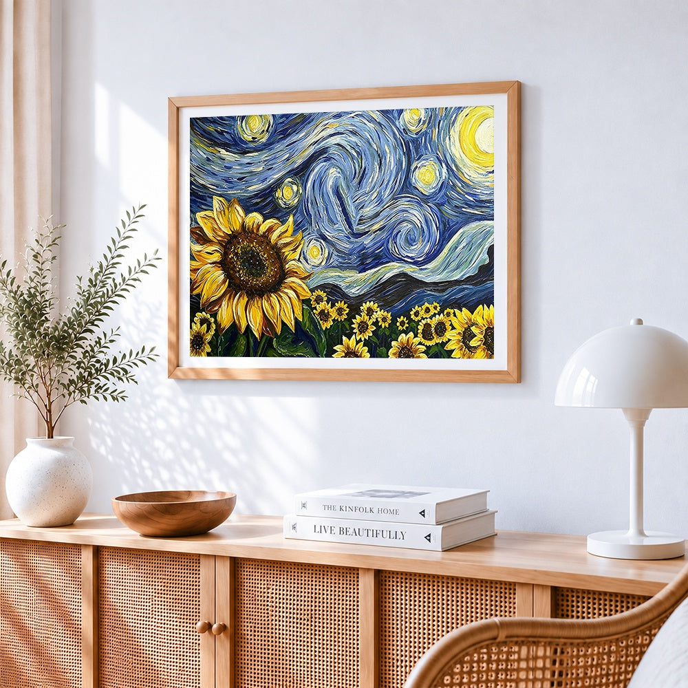 Van gogh style sunflowers and starry night cross stitch artwork displayed on wall as home decor