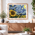 Finished van gogh style sunflowers and starry night paint by numbers artwork displayed as home decor