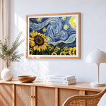 Van gogh style sunflowers and starry night paint by numbers artwork displayed on wall as home decor