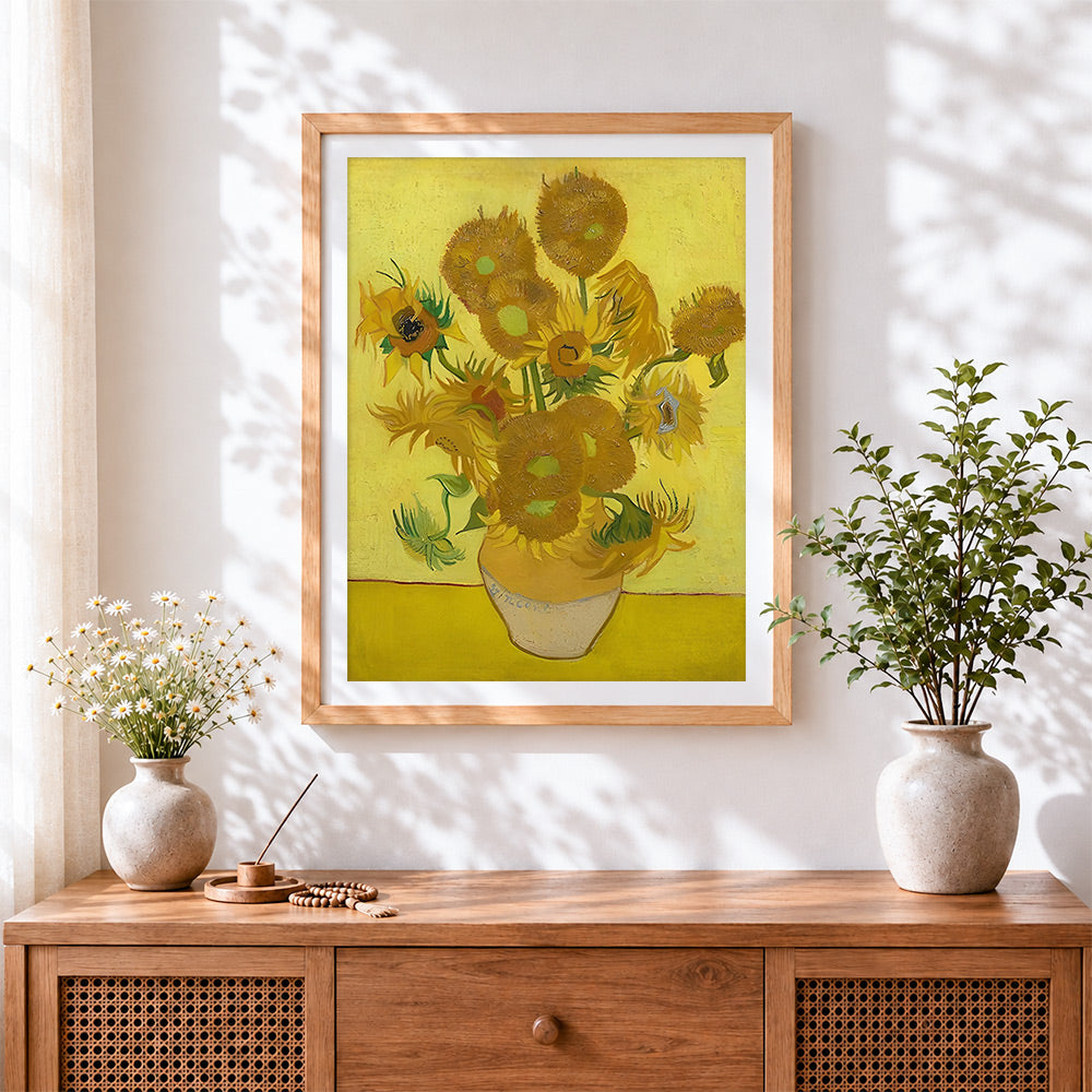 Finished van gogh style sunflowers cross stitch artwork displayed