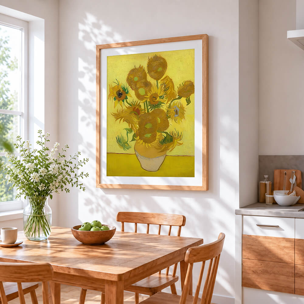 Van gogh style sunflowers cross stitch artwork displayed on wall as home decor