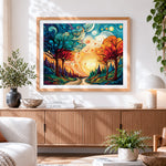 Finished van gogh style swirling trees and sun paint by numbers artwork displayed as home decor