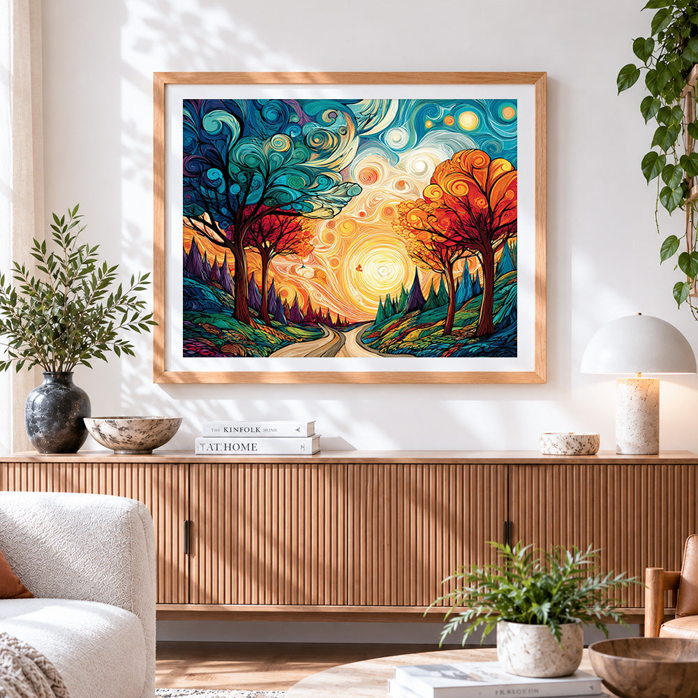 Finished van gogh style swirling trees and sun paint by numbers artwork displayed as home decor