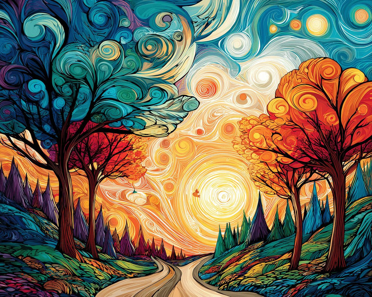 Van gogh style swirling trees and sun paint by numbers kit for beginners