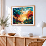 Van gogh style swirling trees and sun paint by numbers artwork displayed on wall as home decor