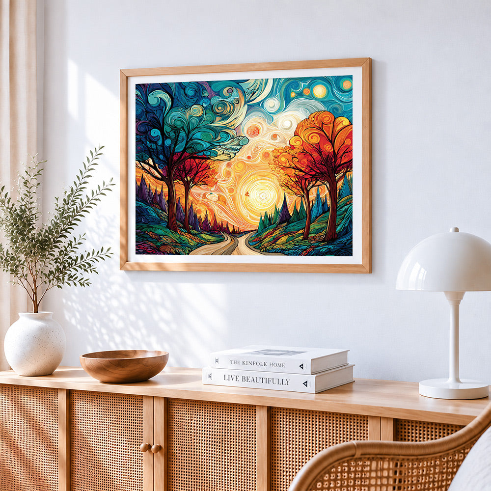 Van gogh style swirling trees and sun paint by numbers artwork displayed on wall as home decor
