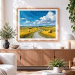 Finished van gogh style wheat field and path cross stitch artwork displayed