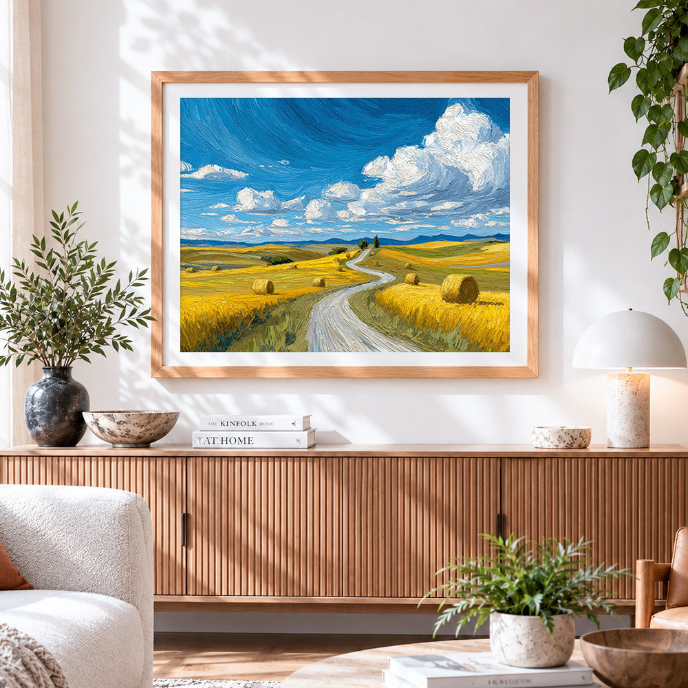 Finished van gogh style wheat field and path cross stitch artwork displayed