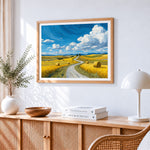 Van gogh style wheat field and path cross stitch artwork displayed on wall as home decor