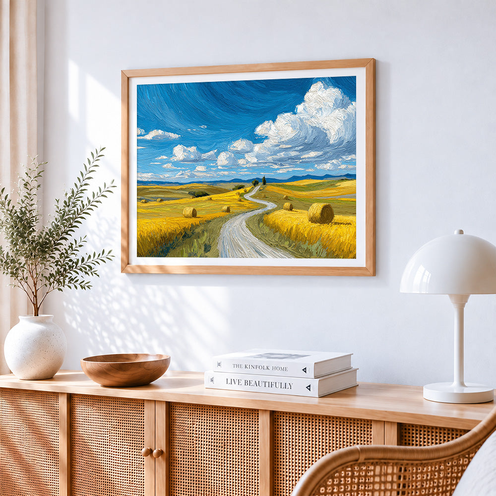 Van gogh style wheat field and path cross stitch artwork displayed on wall as home decor