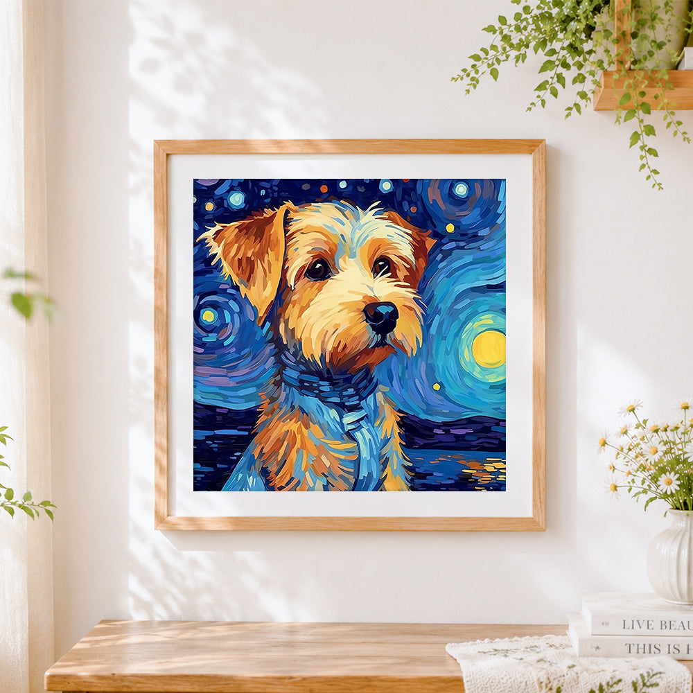 Finished van gogh style yorkie in starry night cross stitch artwork displayed