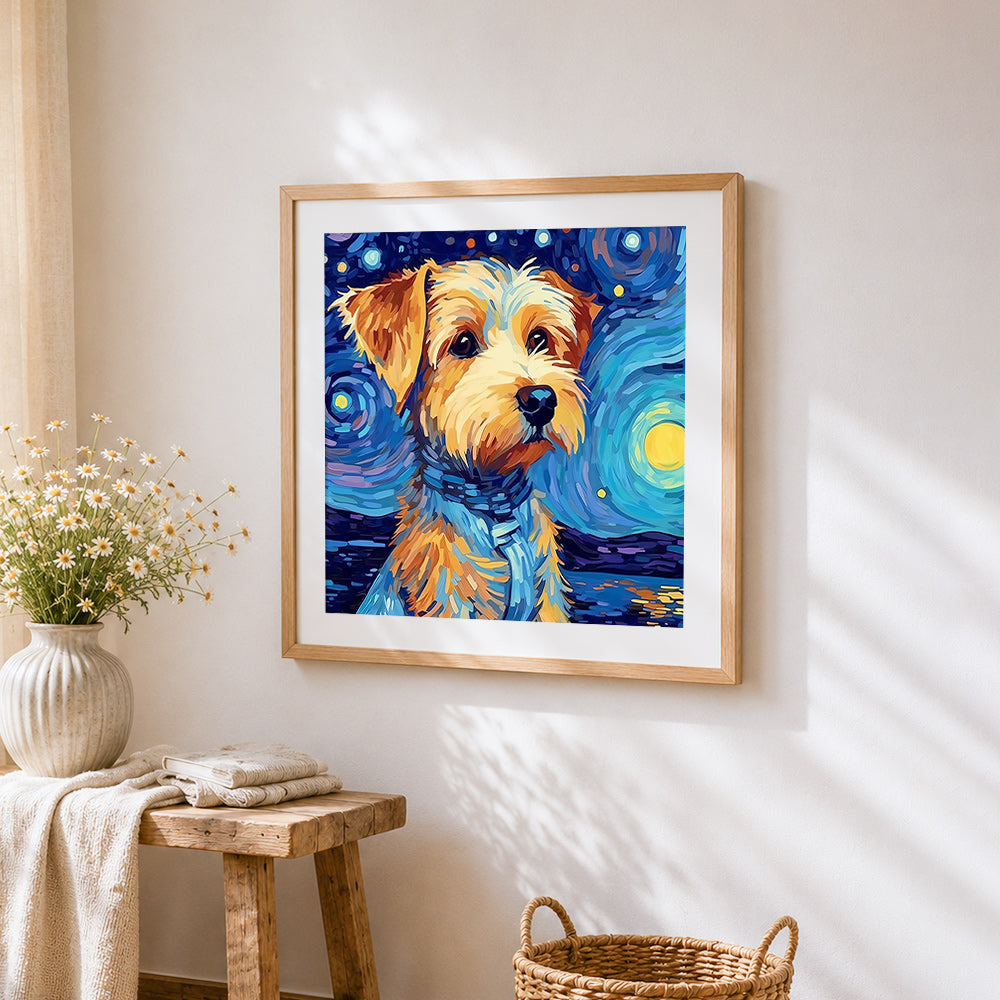 Van gogh style yorkie in starry night cross stitch artwork displayed on wall as home decor