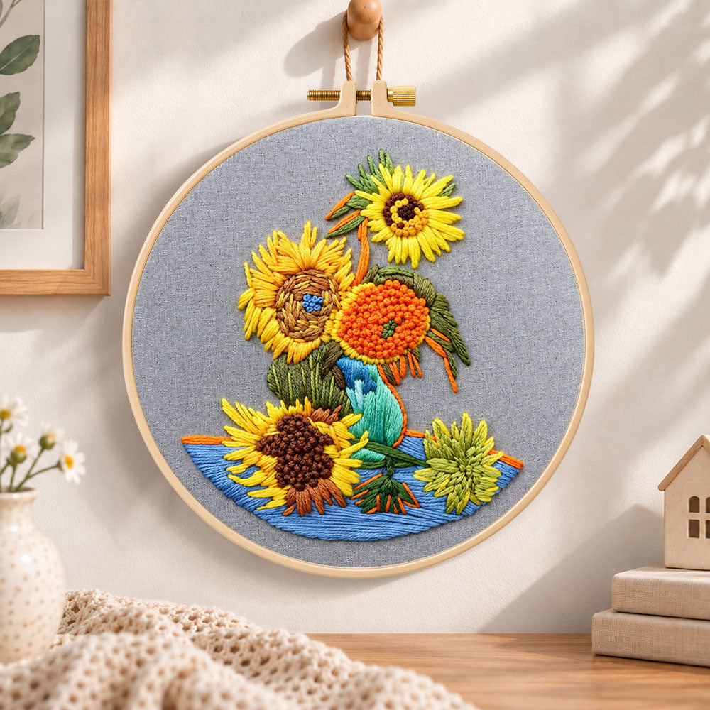 Van gogh sunflower art embroidery hoop wall art displayed as warm and cosy handmade home decor