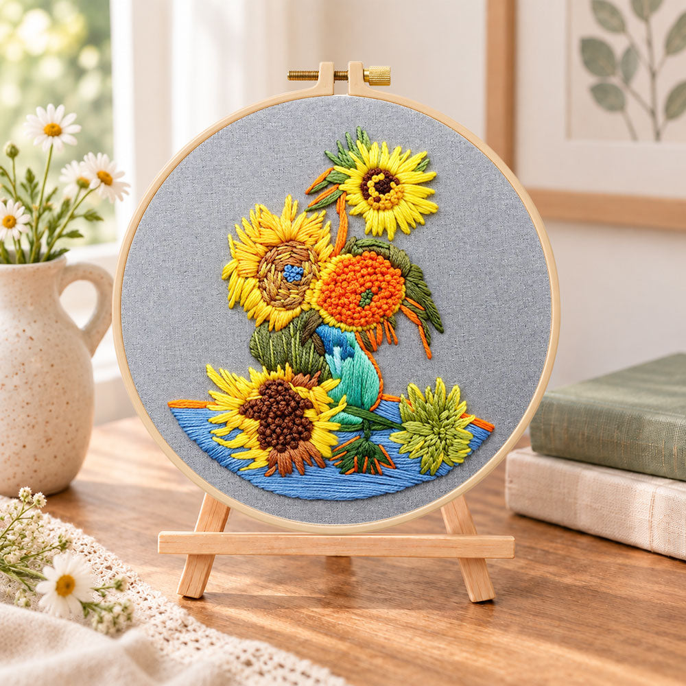 Van gogh sunflower art embroidery kit finished hoop displayed on a wooden stand as cosy tabletop decor