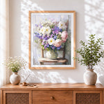 Finished vase of flowers on a wooden chair cross stitch artwork displayed