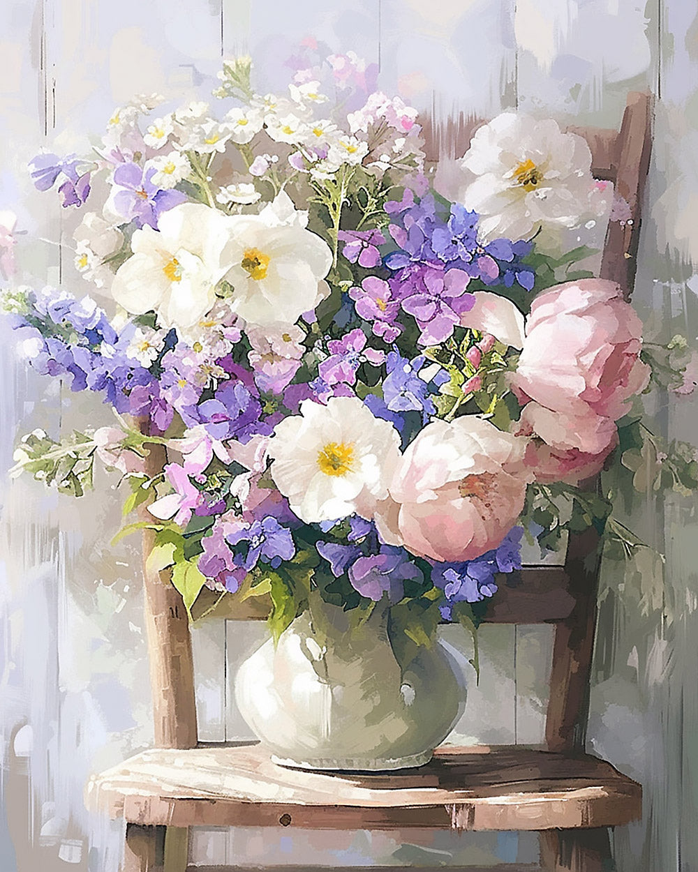 Vase of flowers on a wooden chair cross stitch kit for beginners