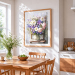 Vase of flowers on a wooden chair cross stitch artwork displayed on wall as home decor