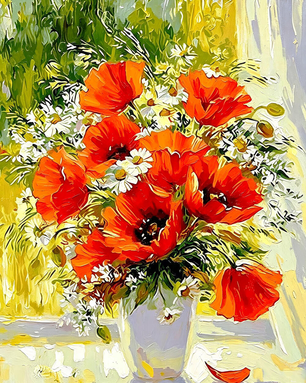 Vase of red poppies and daisies cross stitch kit for beginners