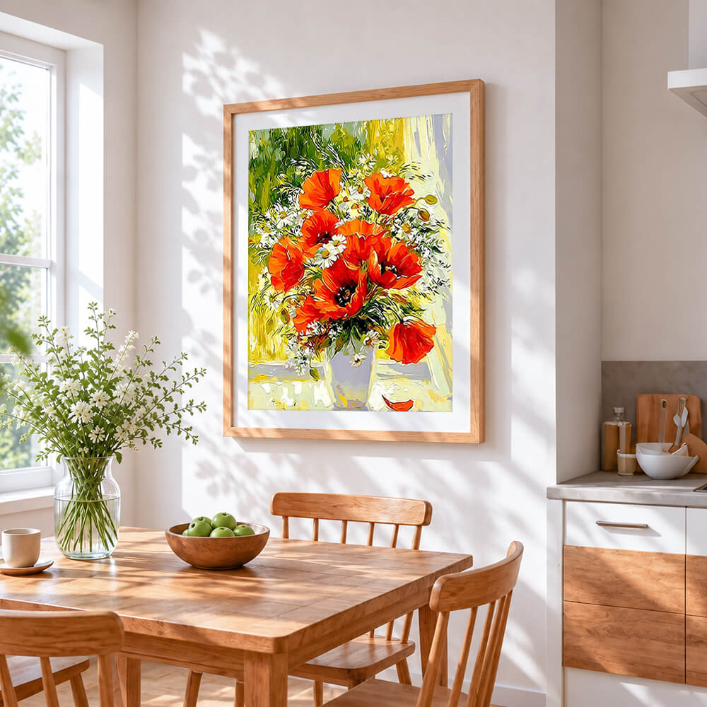 Vase of red poppies and daisies cross stitch artwork displayed on wall as home decor