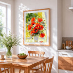 Vase of red poppies and daisies cross stitch artwork displayed on wall as home decor