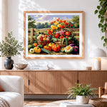 Finished vegetable and flower basket cross stitch artwork displayed