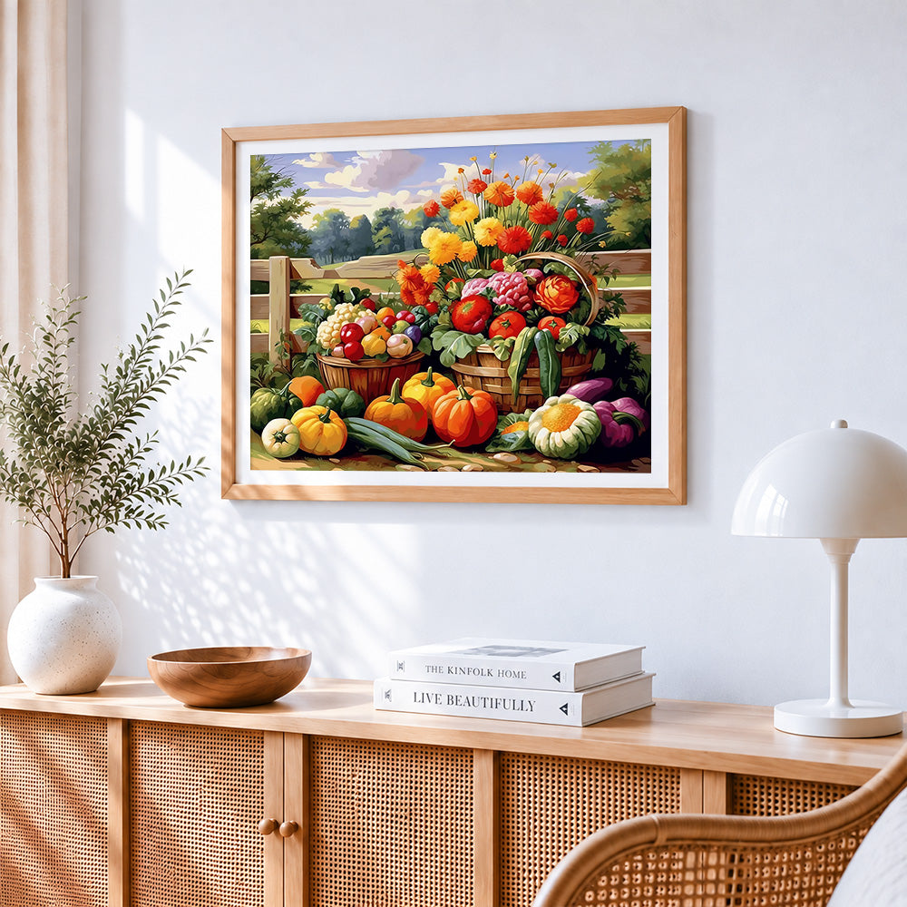 Vegetable and flower basket cross stitch artwork displayed on wall as home decor