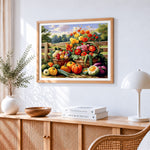Vegetable and flower basket cross stitch artwork displayed on wall as home decor